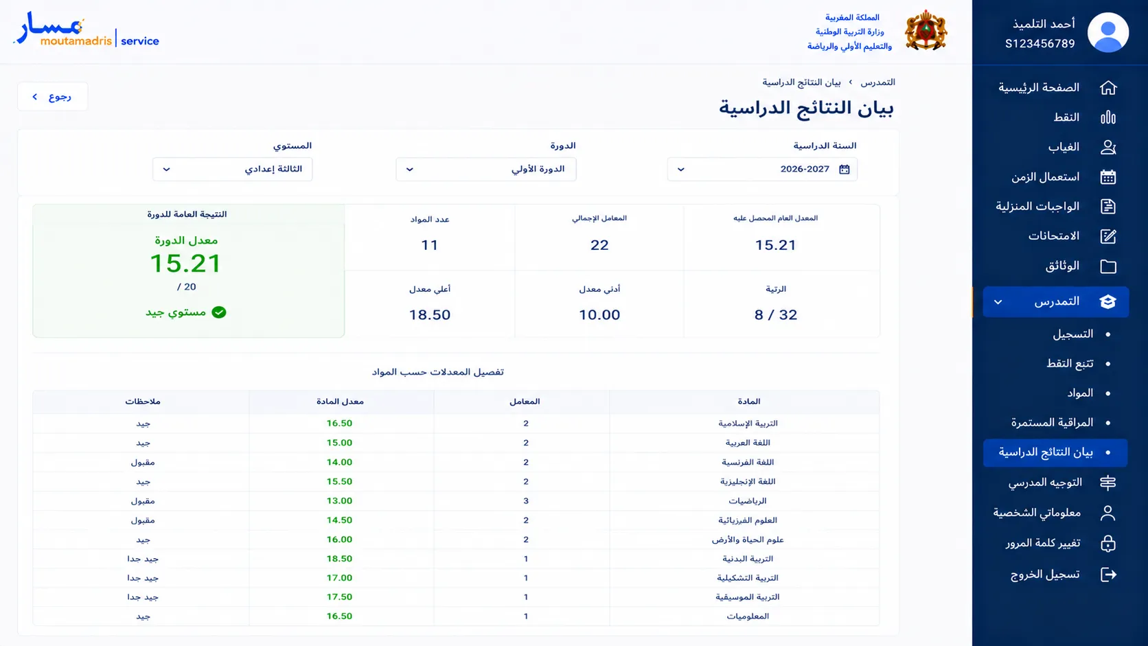 افتح بيان النتائج الدراسية باش تشوف معدل الدورة