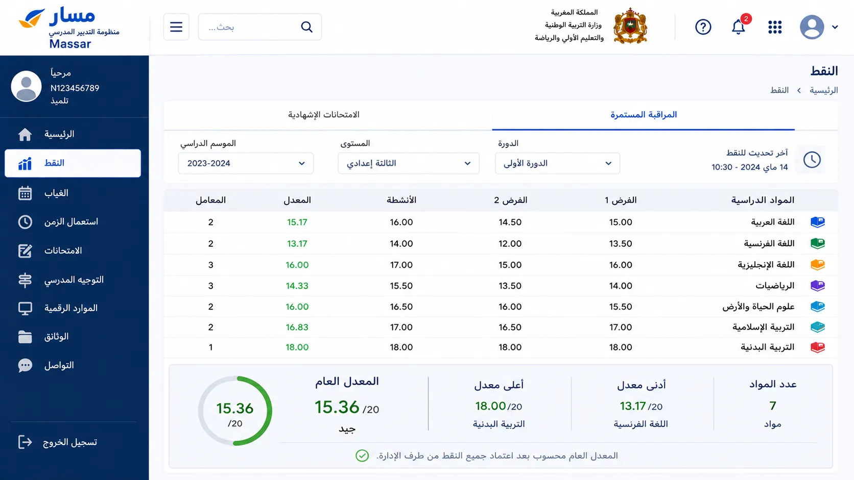قارن بين النقط والمعدل العام